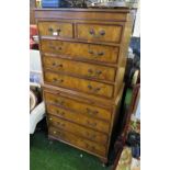 MAHOGANY AND WALNUT VENEERED REPRODUCTION CHEST ON CHEST, UPPER SECTION WITH TWO SHORT OVER THREE