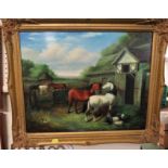 FRAMED OIL ON BOARD OF COTTAGE BY STREAM SIGNED J W MARSHAL AND FRAMED OIL ON BOARD OF HORSES AND