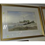 FRAMED WATERCOLOUR OF FISHING BOAT ON SHORE, SIGNED FLETCHER WATSON