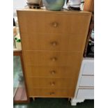 VINTAGE MEREDEW FURNITURE LIGHT WOOD TALL CHEST OF SIX DRAWERS
