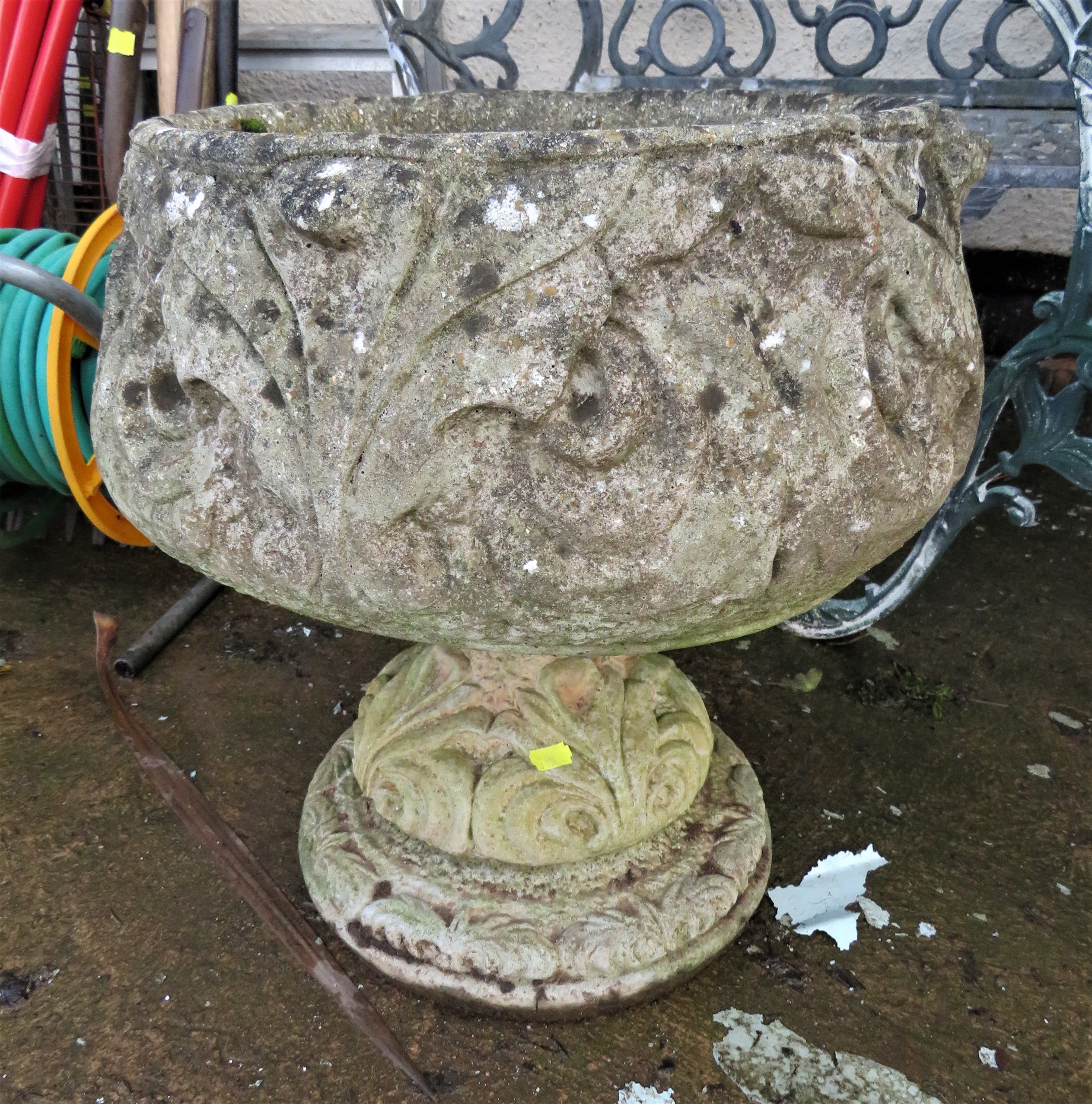 COMPOSITE STONE TWO PART GARDEN PLANTER DECORATED WITH FLEUR DE LIS