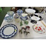 CHINESE STYLE CERAMIC DRAGONS AND HORSES, TOGETHER WITH ASSORTED DECORATIVE CHINAWARE INCLUDING