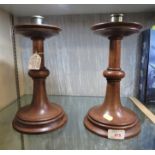 PAIR OF THOMAS WHITTAKER OF LITTLEBECK TURNED OAK CANDLESTICKS WITH BRASS SCONCES