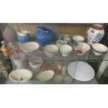 SPONGEWARE POTTERY BOWLS, VARIOUS POTTERY JUGS AND MUGS, SERVING CHINA, ETC (TWO SHELVES)