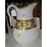 VICTORIAN WHITE CHINA TOILET JUG WITH GILDING AND FLORAL BORDER
