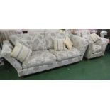 THREE SEATER KNOLL STYLE SOFA AND MATCHING ARMCHAIR IN BEIGE AND PALE GOLD FOLIATE PATTERNED