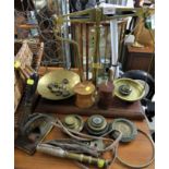 BRASS BALANCE SCALES, ASSORTED WEIGHTS, VINTAGE ADDRESS STAMPER, TURNED WOODEN POTS AND BRASS