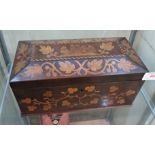 MAHOGANY CASKET SHAPED BOX OR TEA CADDY, INLAID TO FRONT AND LID WITH CLOVER LEAVES, OAK LEAVES