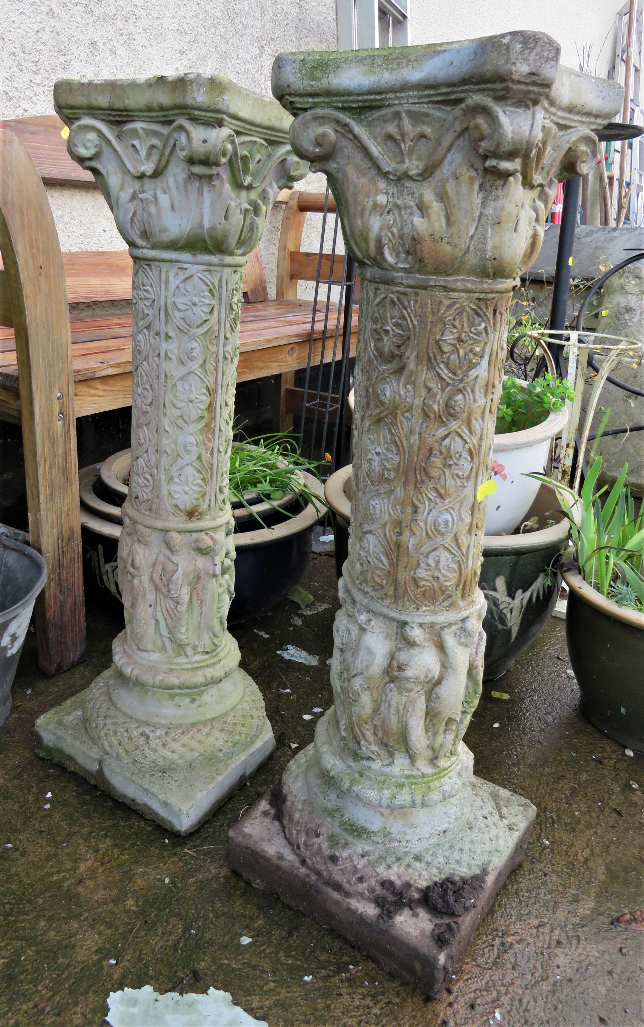 PAIR OF COMPOSITE STONE CLASSICAL STYLE GARDEN COLUMNS (A/F)