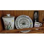 FOUR ITEMS OF PORTMEIRION CHINA - QUARTZ WALL CLOCK, STORAGE JAR, MUG AND SERVING KNIFE