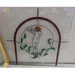 LEADED AND STAINED GLASS PANEL DEPICTING FEMALE NUDE WITH FOLIAGE (A/F)