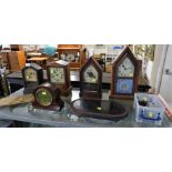 FIVE RESTORATION PROJECT MANTLE CLOCKS, TWO WOODEN CLOCK DOME BASES AND BOX OF VARIOUS CLOCK KEYS,