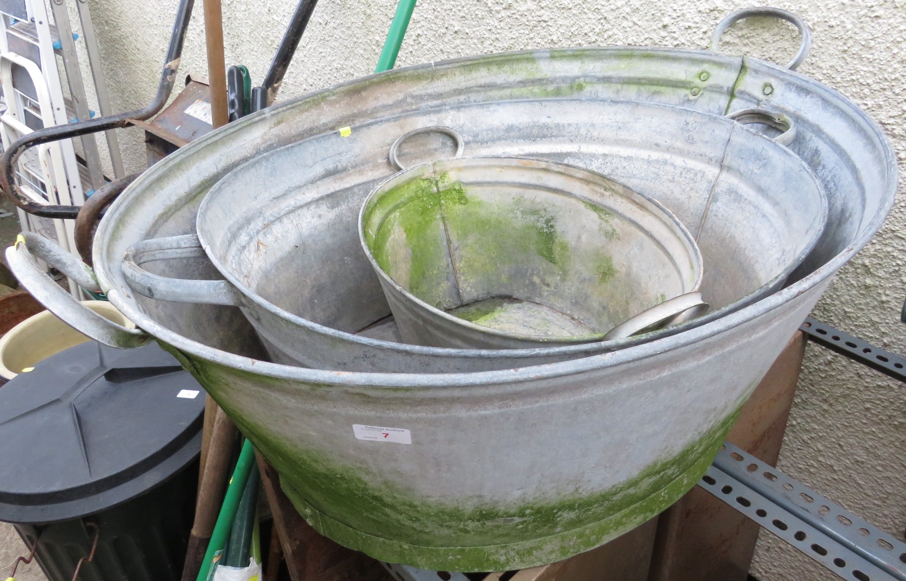 THREE GRADUATED GALVANIZED METAL WASH TUBS