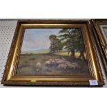 FRAMED OIL ON BOARD OF SHEEP IN FIELD, SIGNED HARRIS 1985, TOGETHER WITH FRAMED OIL ON CANVAS OF