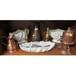 TWO COPPER JUGS, COPPER URN WITH BURNER, CERAMIC FLOWER ARRANGERS AND OTHER ITEMS (ONE SHELF)