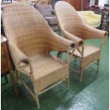 PAIR OF HIGH BACK CANE AND RATTAN FRAMED CONSERVATORY ARMCHAIRS