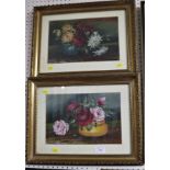 TWO FRAMED AND GLAZED STILL LIFE PAINTINGS - ROSES IN VASE AND DAHLIAS IN VASE