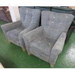 PAIR OF ALSTONS AVIGNON BUTTON BACK ARMCHAIRS IN LIGHT GREY SELF PATTERNED UPHOLSTERY