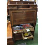 STAINED OAK BUREAU WITH FALL FRONT COMPARTMENT, TWO SMALL DRAWERS ABOVE AND OPEN SHELVES BENEATH (