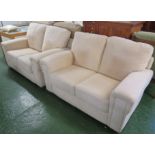 PAIR OF TWO SEATER SOFAS IN LIGHT BEIGE SUEDE UPHOLSTERY