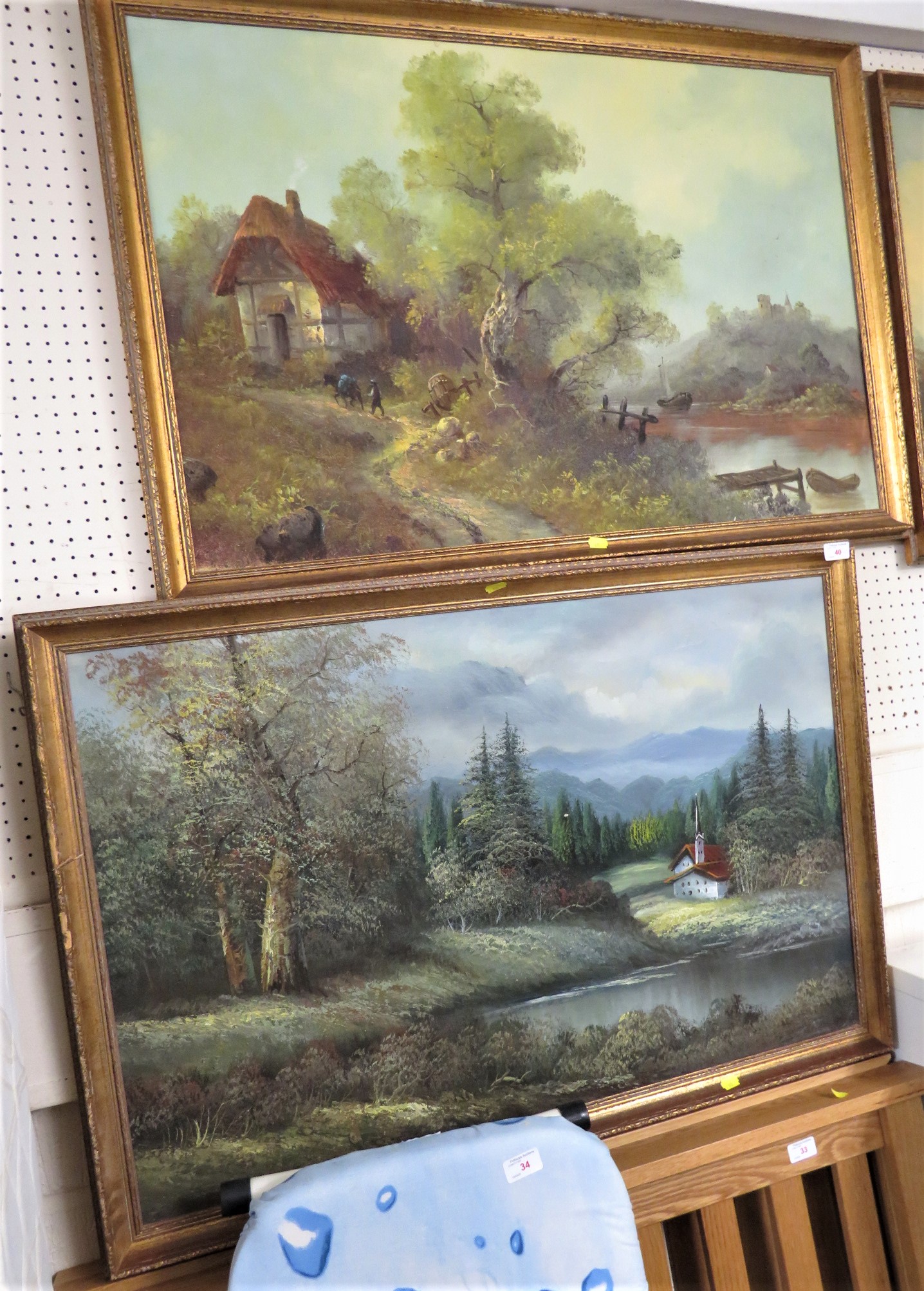 TWO ACRYLIC ON CANVASES - RIVERSIDE COTTAGE AND MOUNTAIN LANDSCAPE