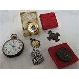 GPO POCKET WATCH, SILVER ARP LAPEL BADGE, SILVER AND ENAMEL FOOTBALL MEDALLION, AND THREE LIFE