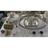 MIXED METALWARE INCLUDING SILVER PLATED TANKARD, NAPKIN RINGS AND GALLERIED TRAY, TOGETHER WITH
