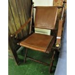 MODERN MAHOGANY FRAMED FOLDING CHAIR WITH TAN LEATHER SEAT AND BACK