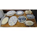 SELECTION OF BLUE AND WHITE PATTERNED CHINA CHARGERS AND LIDDED SERVING DISHES