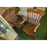 TWO WOODEN STICK BACK CARVER DINING CHAIRS