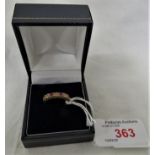 9-CARAT GOLD RING SET WITH FOUR RED STONES AND THREE CHIPPED WHITE STONES, WITH RING BOX