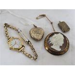 CLASSICAL STYLE CAMEO BROOCH DEPICTING WOMAN'S HEAD IN PROFILE, GOLD-PLATED HEART-SHAPE LOCKET,