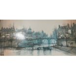 LARGE FRAMED PRINT ON BOARD OF CITYSCAPE WITH RIVER