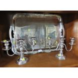 SILVER PLATED TRAY AND PAIR OF THREE BRANCH CANDLESTICKS