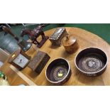 HAND BELL, WOODEN CASED MANTLE CLOCK, TREEN ITEMS, PAIR OF WINE COASTERS, ETC