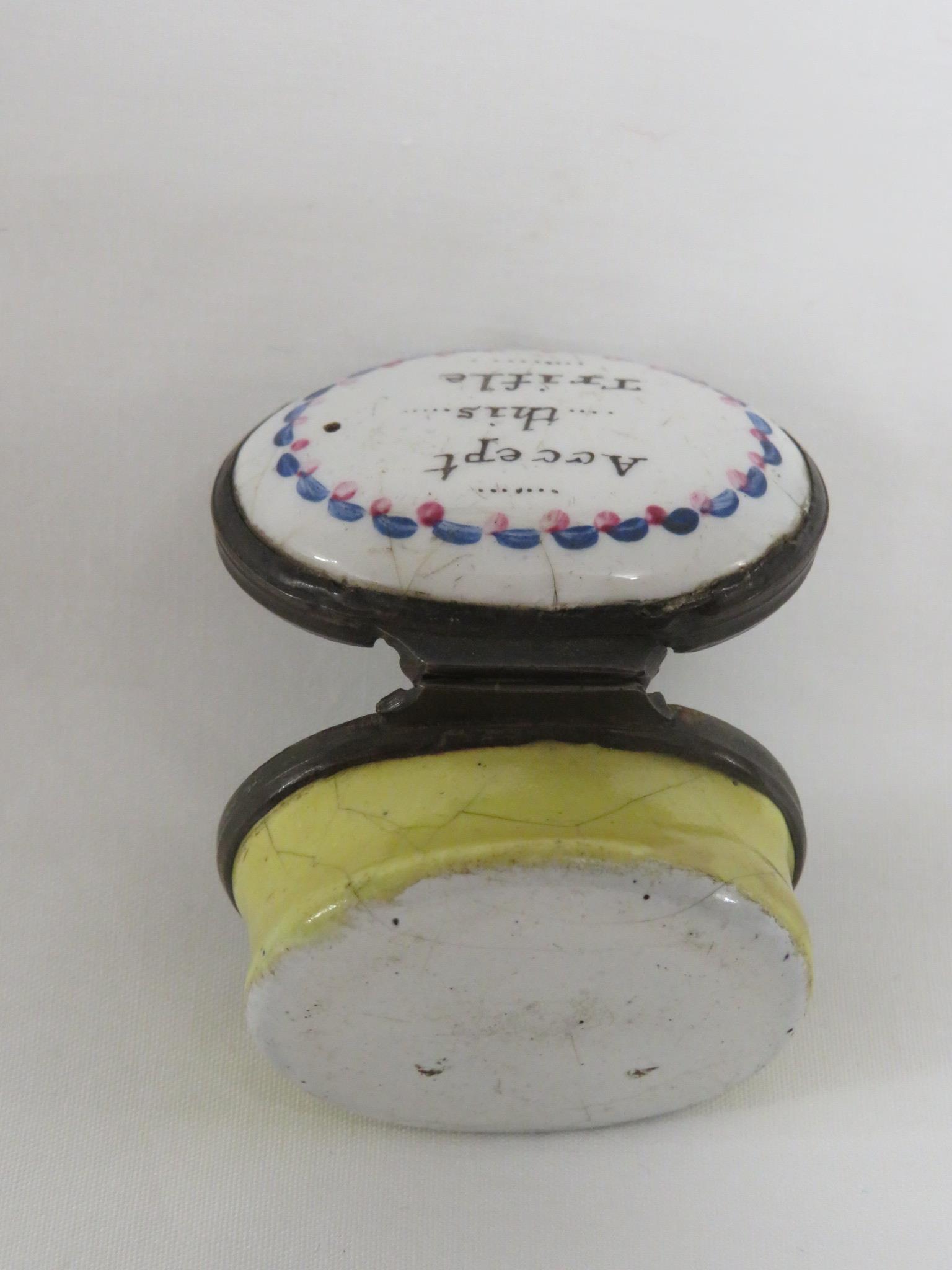 Victorian enamelled patch box, oval, yellow and white with blue and pink border to the hinged lid - Image 3 of 4