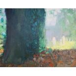 Throwleigh Churchyard, acrylic on canvas, (71cm x 91cm), in a green stained wooden frame, signed and