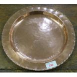 Arts and Crafts copper circular dish by Hugh Wallace, engraved chevron border, stamped HW monogram