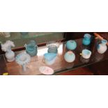 Ten blue and opaque blue vases, jugs and small bowls