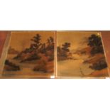 Pair of Chinese paintings on velvet depicting lakeside landscapes, each about 53cm x 53cm, un-