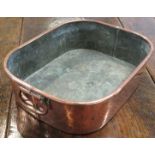 Copper bain marie with two hinged handles, length 29.5cm, width 37.5cm, depth 10.5cm, stamped orb