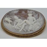 9 carat gold mounted oval cameo brooch depicting Diana and attendant with hounds amongst