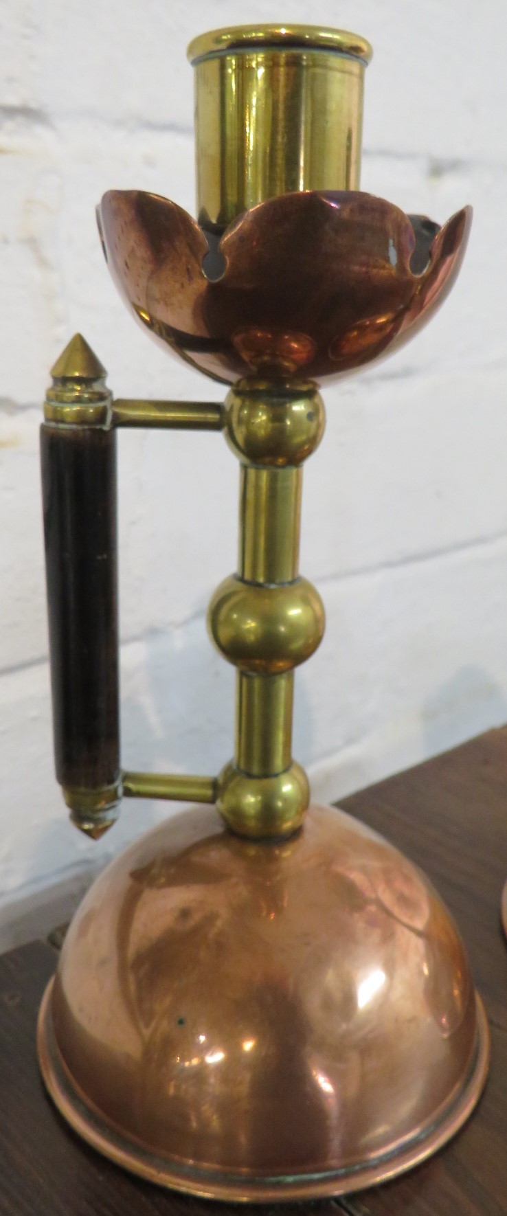 Matched pair of Christopher Dresser designed candlesticks, copper and brass with domed bases and - Image 2 of 4