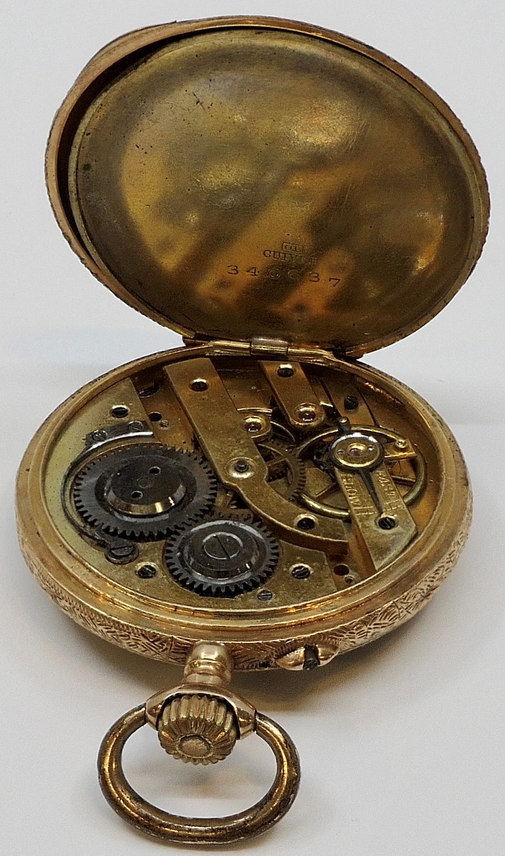 Yellow metal and gold-plated fob watch with foliate chasing, the dial with Roman chapter and - Image 3 of 4