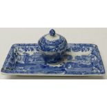 19th century Copeland Spode's Italian Garden inkwell on stand with original liner and lid, blue