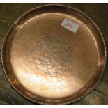 Harold Holmes Arts and Crafts shallow copper dish engraved to the centre with flowers, stamped