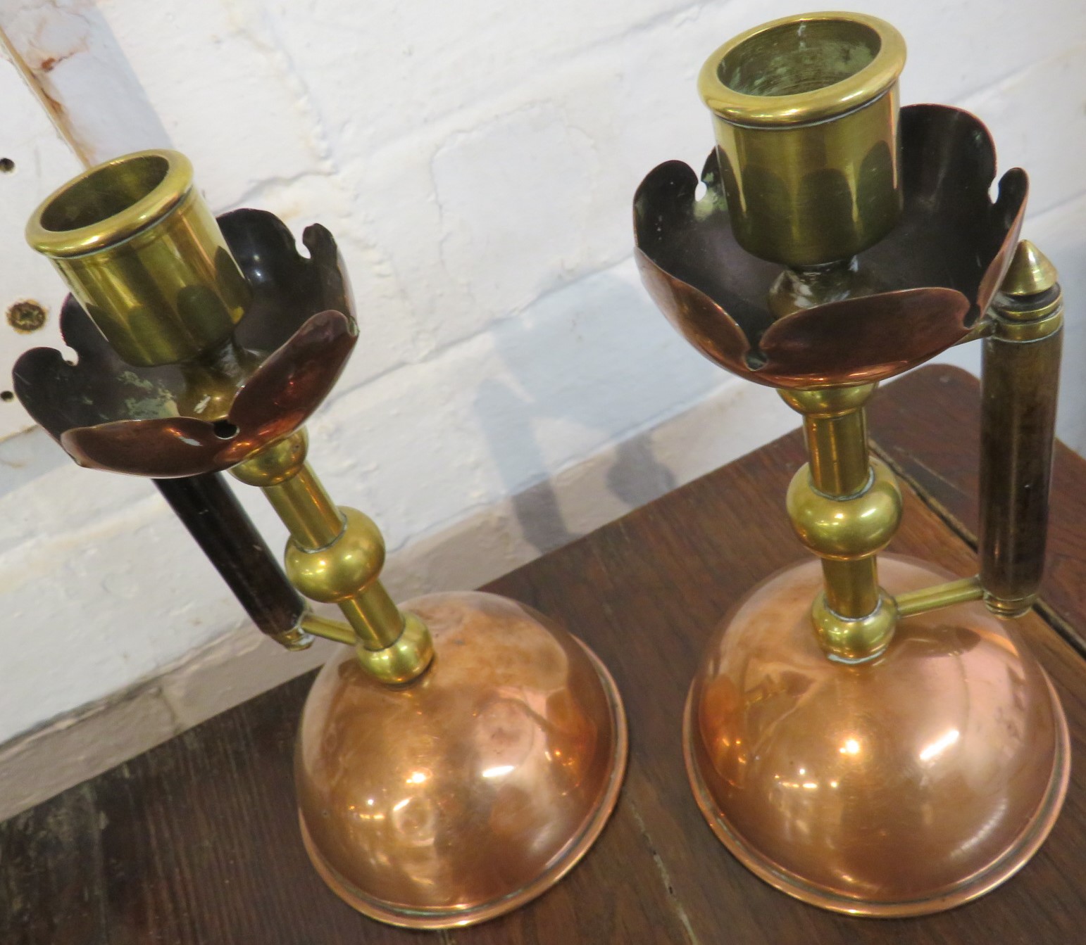 Matched pair of Christopher Dresser designed candlesticks, copper and brass with domed bases and - Image 3 of 4