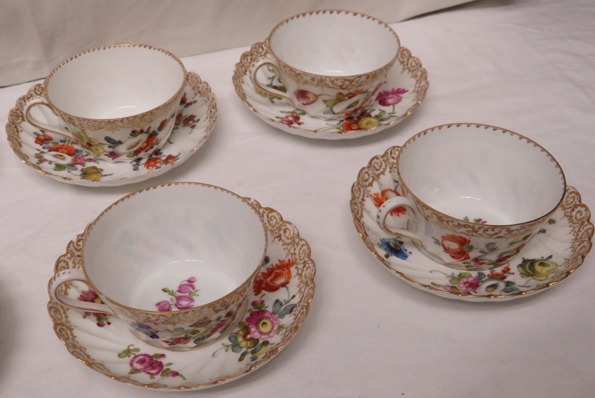 Set of eight very fine Dresden eggshell porcelain cups and saucers hand painted with flowers, the - Image 3 of 5