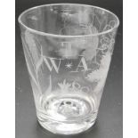 George III glass tumbler, etched with barley stalk and vines, initials T W A 1795, height 9.5cm