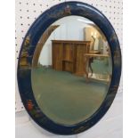 Chinese oval bevelled mirror with blue wooden frame, hand-painted with figures and scenery,